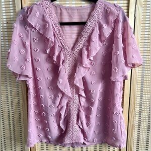NWOT SIZE M Elegant Pink Ruffled Women's Top Swiss dot and lace